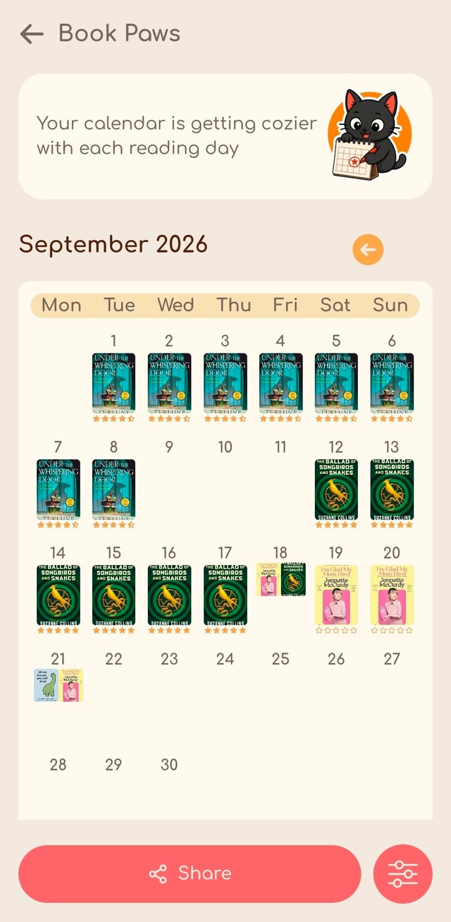 Pantalla del calendario de lectura
