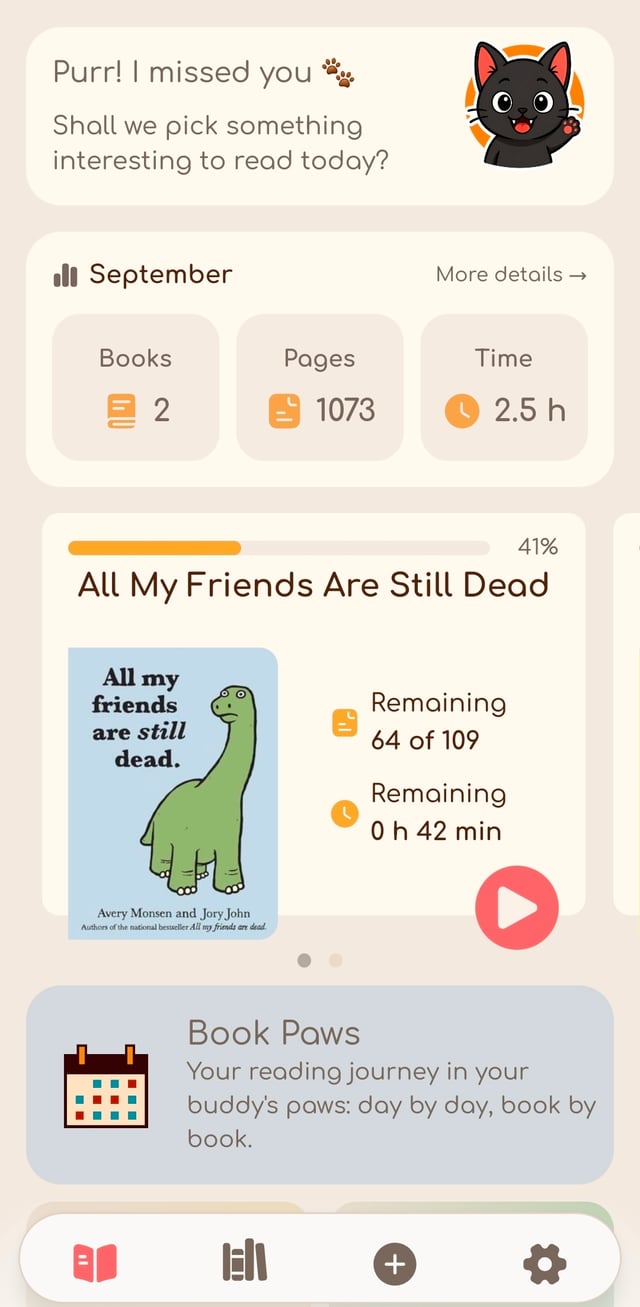 Pantalla de inicio de Booktail: un saludo del compañero, estadísticas mensuales y el libro en curso